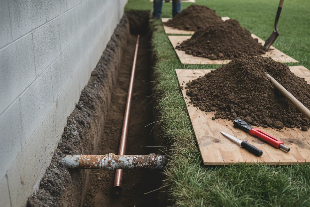 Excavated water line trench during Water Softener Installation in Standard